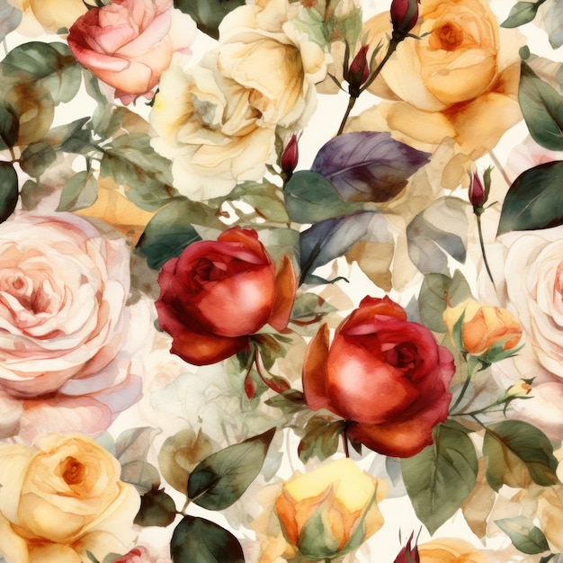 A watercolor floral pattern with roses.