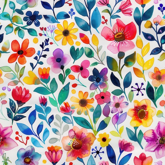 Watercolor Floral Pattern With Vibrant Colors and White Background