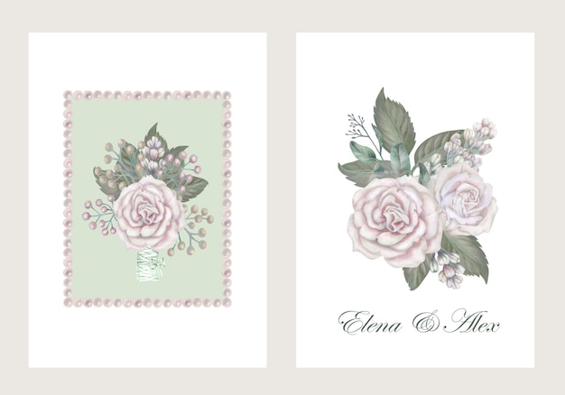 Photo watercolor floral posters postcards of white roses green leaves lilac eucalyptus in a pastel color