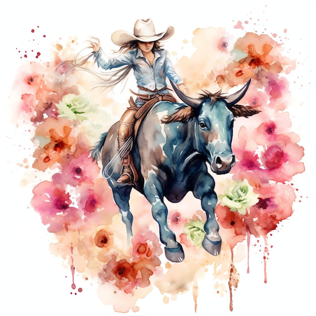 watercolor floral Rodeo bull rider western wild west cowboy desert illustration clipart