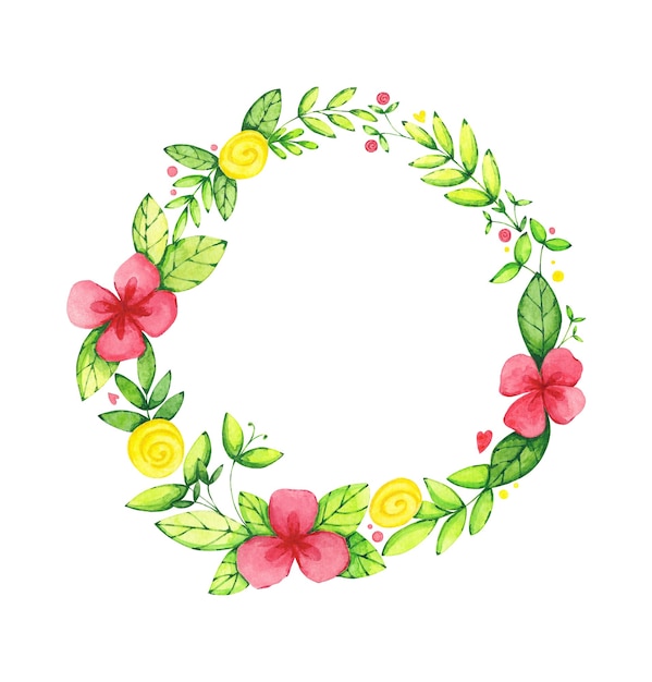 Watercolor floral round wreath or frame on white background.