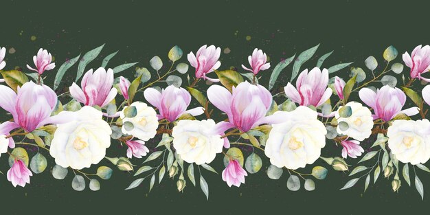 Watercolor floral seamless border with green eucalyptus leaves roses and twigs with magnolia flowers Hand drawn watercolor illustration