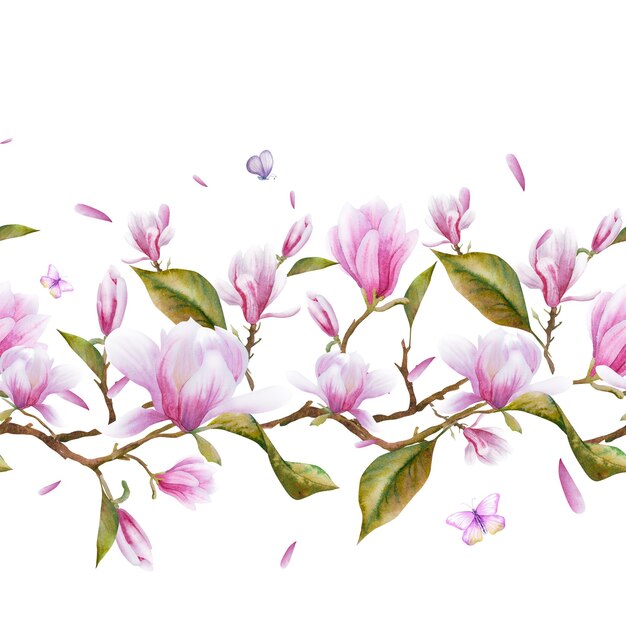 Watercolor floral seamless border with green leaves and twigs with magnolia flowersHand drawn watercolor illustration