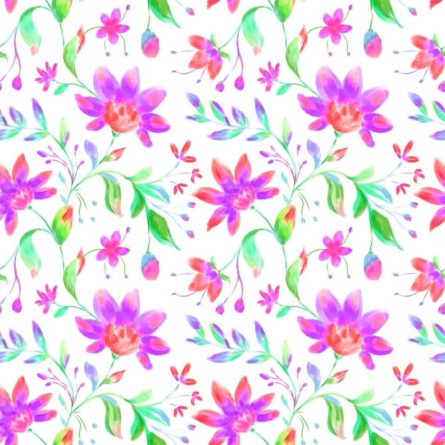 Watercolor floral seamless pattern on white Bright folk violet pink green flowers leaves print