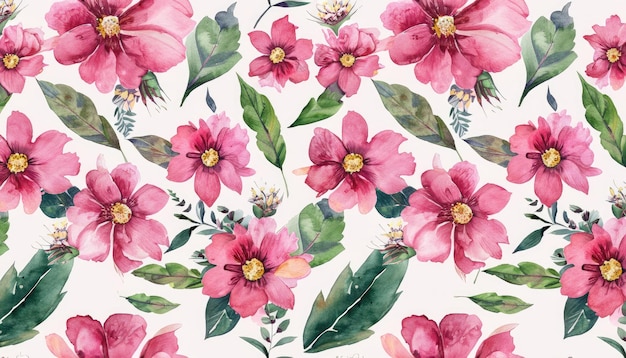 Watercolor floral seamless pattern with flowers and leaves