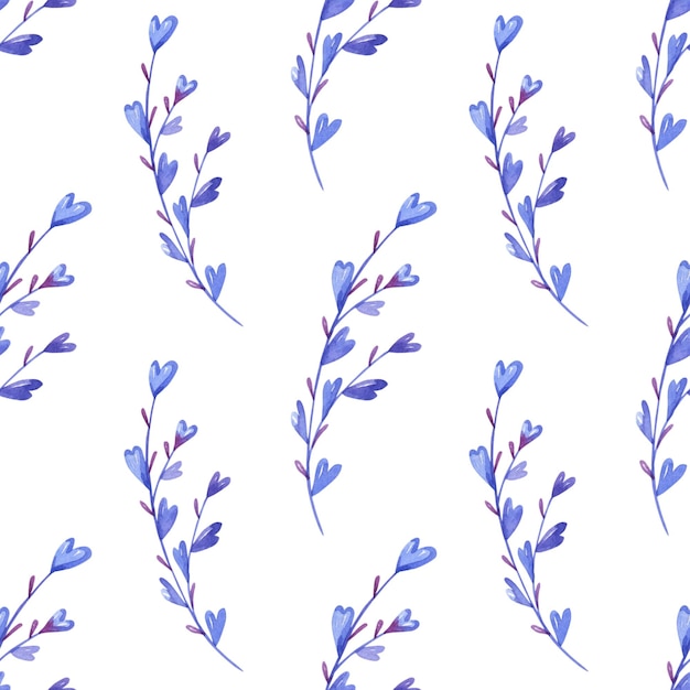 Watercolor floral seamless pattern with herbs of hearts. Lavender flowers on a white background.