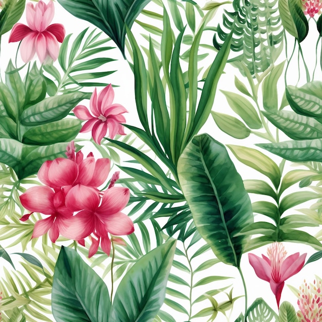 Watercolor floral seamless pattern with home tropical plants Floral background generative ai