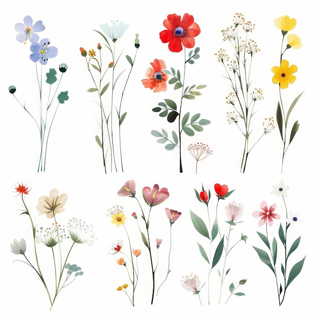 Watercolor floral set Isolated on white background Handdrawn illustration