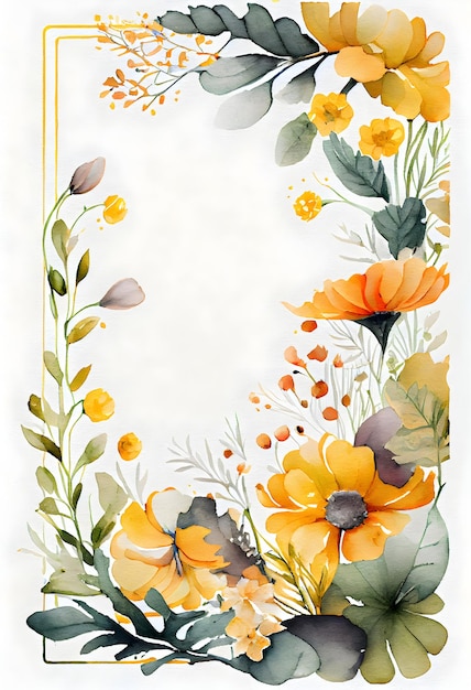 Watercolor floral stationery illustration delicate yellow spring flowers with borders on a white background Generative AI