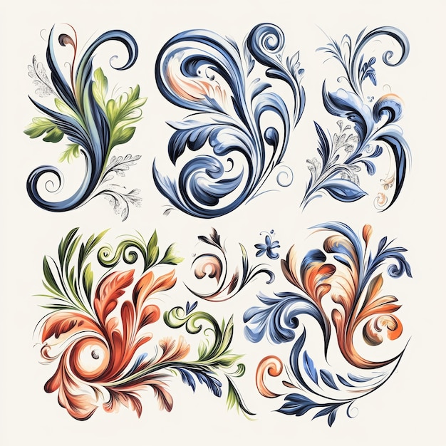 Watercolor Floral Swirls Set Blue Orange Green Ornament Design Elements