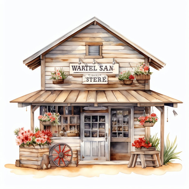 watercolor floral Western general store western wild west cowboy desert illustration