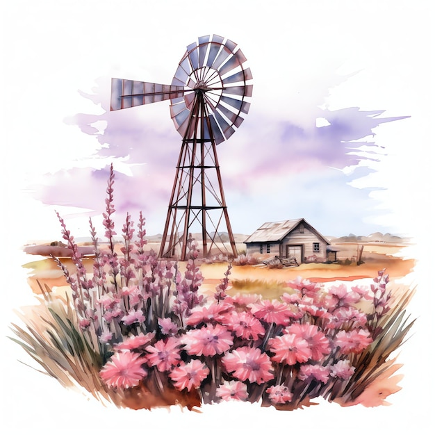 watercolor floral Western windmill western wild west cowboy desert illustration clipart