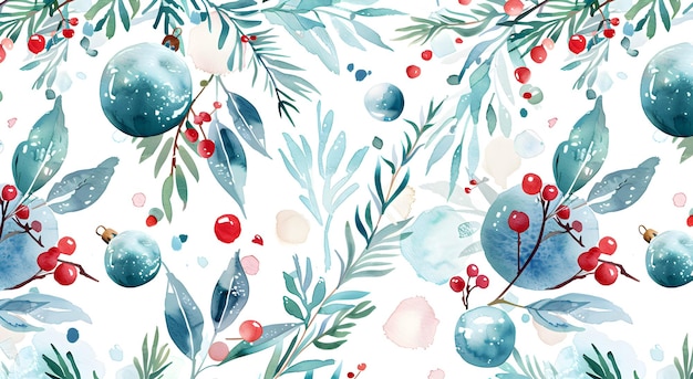 Photo watercolor floral winter pattern with christmas balls spruce branches and berries christmas greeting card holiday greeting concept