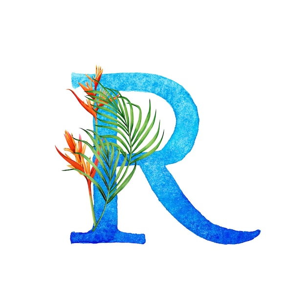 Photo watercolor floral with leaves alphabet r typography