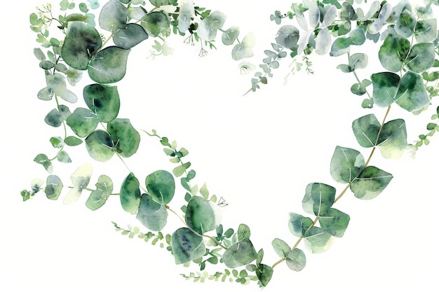 Photo watercolor floral wreath of greenery frame heart of green eucalyptus leaves forest fern gypsophila illustration isolated on white background