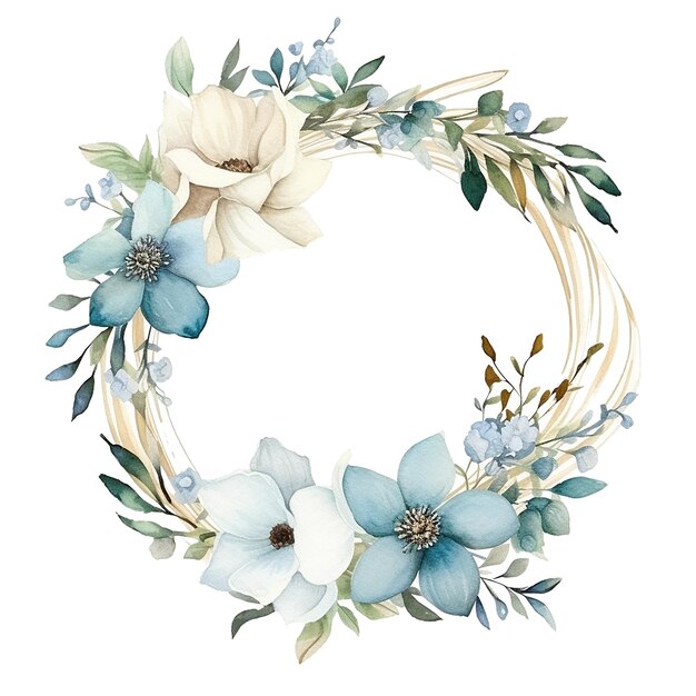 Photo watercolor floral wreath with blue and white flowers