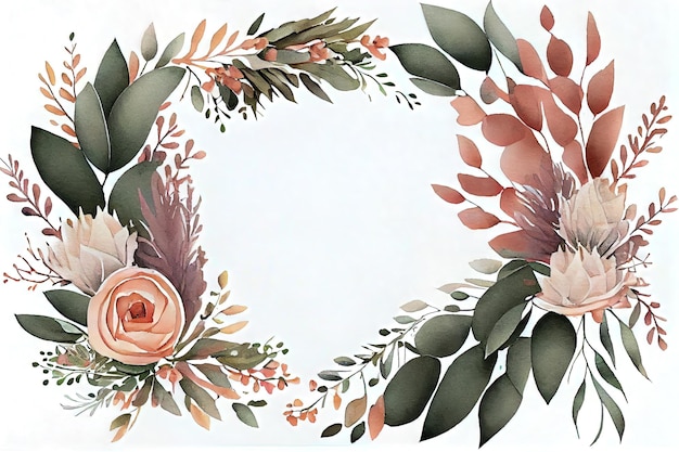 Watercolor floral wreath with eucalyptus protea eucalyptus leaves and berries Generative AI