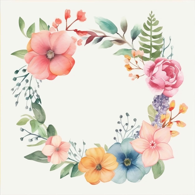 A watercolor floral wreath with a pink flower AI generated