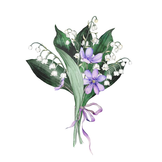 Watercolor flower arrangement with white bouquets of delicate spring lilies of the valley Design for printing postcards invitations to weddings birthdays spring and summer holidays