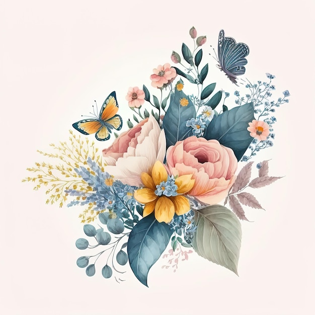 Watercolor flower bouquet Pattern of decorative elements Flat cartoon isolated on white