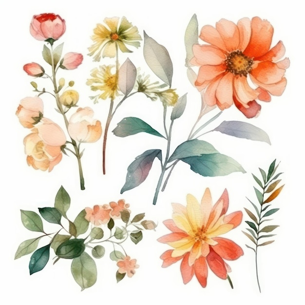 Watercolor Flower Collection on White Background