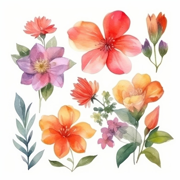 Watercolor Flower Collection on White Background