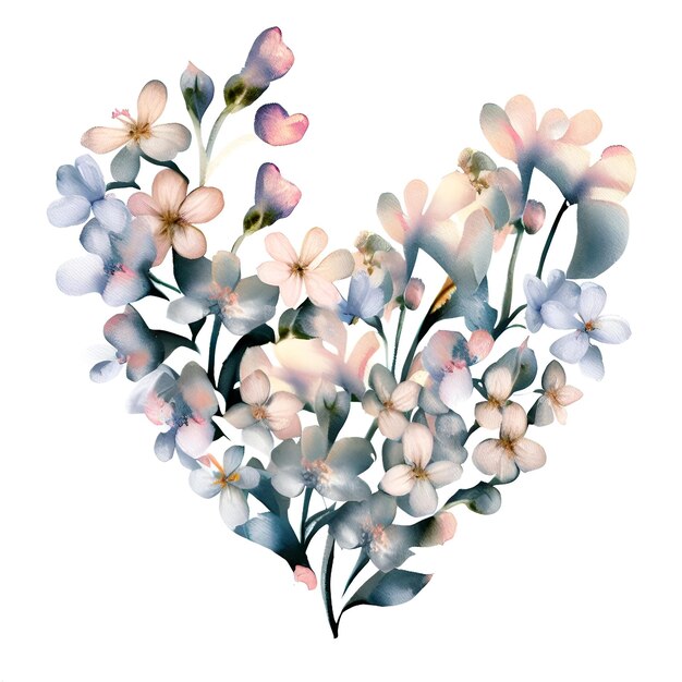 Watercolor flowers border shape of a heart