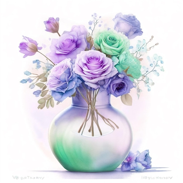 Watercolor Flowers Bouquet In Vase