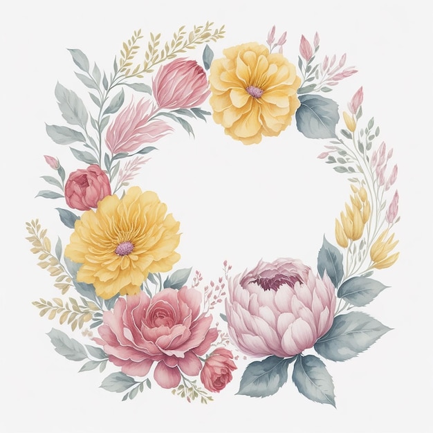 Watercolor flowers circle frame concept