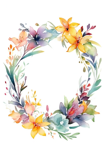 Watercolor flowers in a circle frame