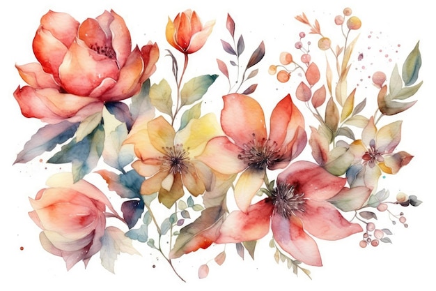 Watercolor flowers and leaves Generative AI