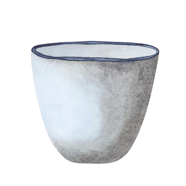 Watercolor flowers pot cup Gray ceramic pots isolated on white Illustration for greeting card design flower shop