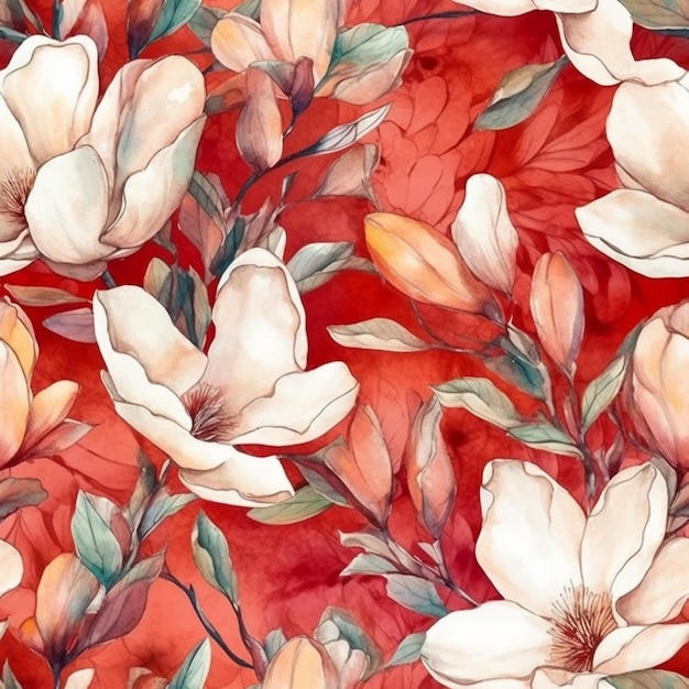 Watercolor flowers on a red background.