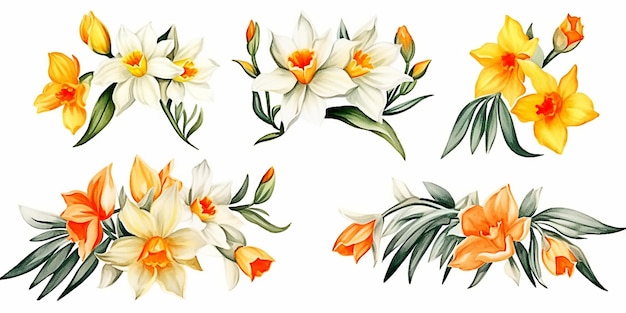 Watercolor flowers Set of daffodils on isolated on white background botanical illustration