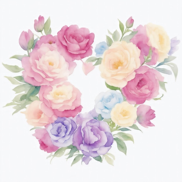 Watercolor Flowers in Shape of Heart on White Background