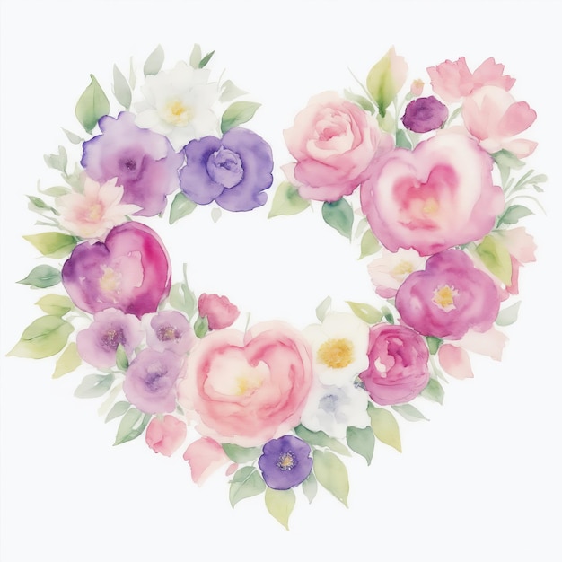 Watercolor Flowers in Shape of Heart on White Background