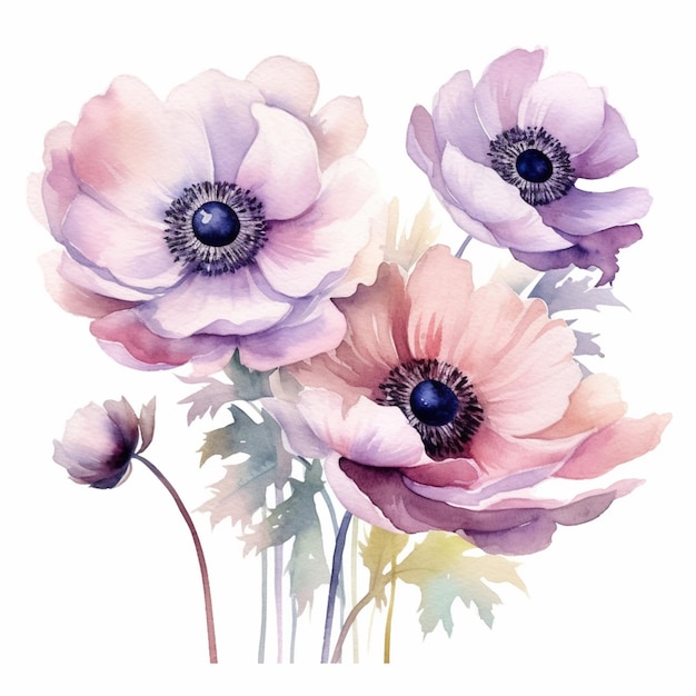 Watercolor flowers with a blue center