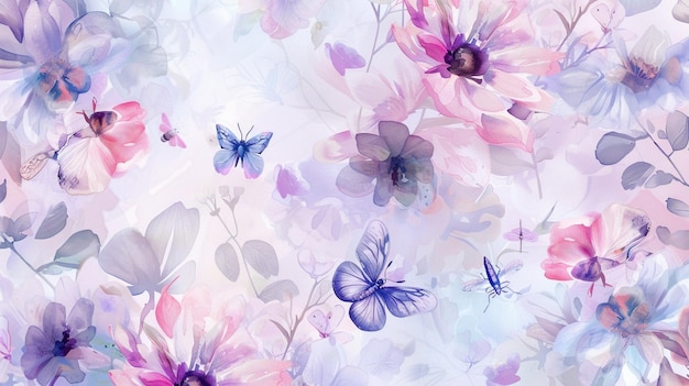 watercolor flowers with butterflies on a colored background