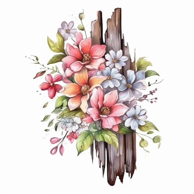 Watercolor flowers on a wooden fence