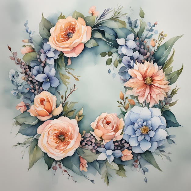 Watercolor flowers wreath in cold colors