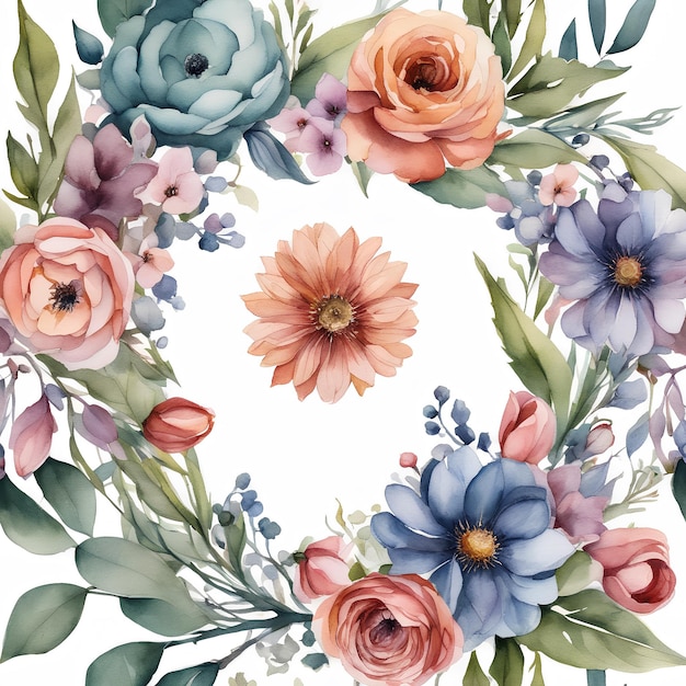 Watercolor flowers wreath in cold colors