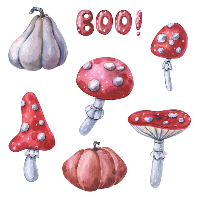 Watercolor fly agaric and pumpkin Red Amanita muscaria