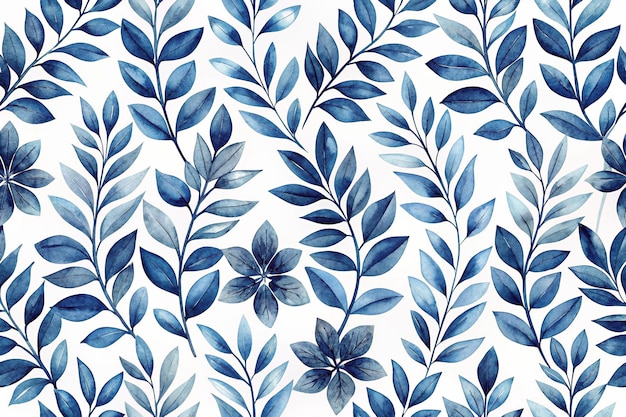 Photo watercolor foliage in navy blue seamless floral pattern with leading lines