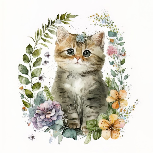 Watercolor forest cartoon isolated cute baby cat animal Illustration AI Generative