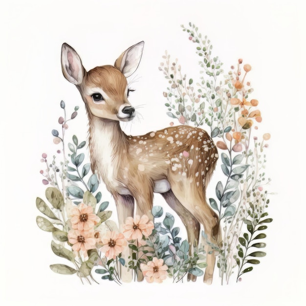 Watercolor forest cartoon isolated cute baby deer animal Illustration AI Generative