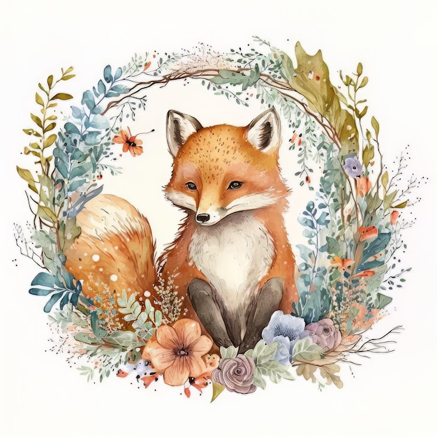 Watercolor forest cartoon isolated cute baby fox animal Illustration AI Generative