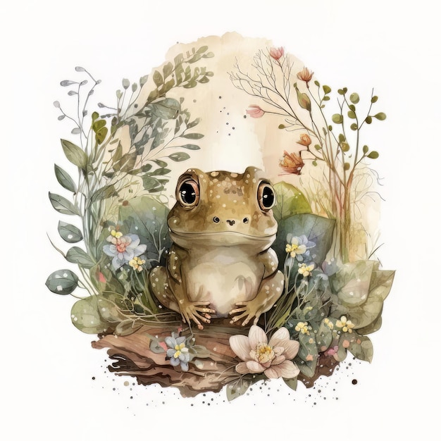 Watercolor forest cartoon isolated cute baby frog animal Illustration AI Generative