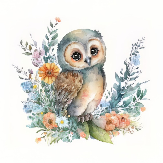 Watercolor forest cartoon isolated cute baby owl animal Illustration AI Generative