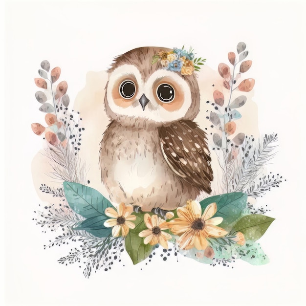 Watercolor forest cartoon isolated cute baby owl animal Illustration AI Generative