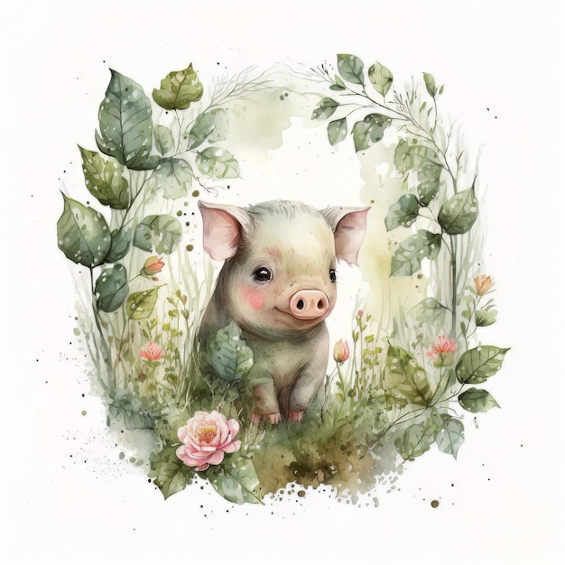 Watercolor forest cartoon isolated cute baby pig animal Illustration AI Generative